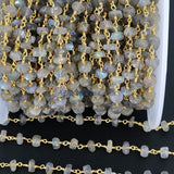 Labradorite Flash Gemstone Beaded , 6 mm Gold Wrapped Chains CH #339, Boho Beaded Rondelle