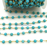 Turquoise Rosary Beaded Chain, 6 mm Silver plated Wire Wrapped CH #522, Blue Boho Howlite Chain