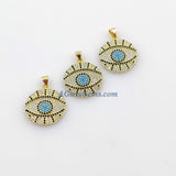 Turquoise Blue Evil Eye Charm Pendants, Gold Plated Turkish Greek Evil Eye #93, CZ Micro Pave 21 x 24 mm Blue