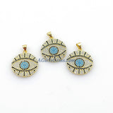 Turquoise Blue Evil Eye Charm Pendants, Gold Plated Turkish Greek Evil Eye #93, CZ Micro Pave 21 x 24  mm Blue