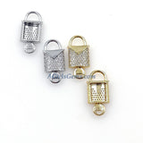 CZ Micro Pave Lock and Key Connectors, 18 k Gold Plated 11 x 24 mm, Silver Lock Key Charms