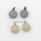 CZ Pave Gold Round Disc Charms, Silver Small Coin Disc #589, 10 mm Black Tiny Round Circle Charm