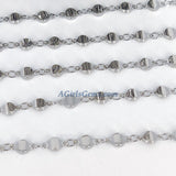 Silver Beaded Rosary Chain, Jewelry 4 mm Oblong Oval Metal Beaded Flat Moroccan Style Beads CH #228, Soldered Links Gold/Silver Plated