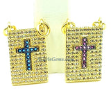 CZ Pave Blue Cross Scapular, Gold Pink Style Rectangle Charms, AG 447