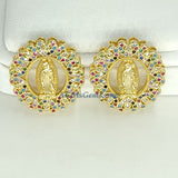 Gold Jesus Virgin Mary Charms, CZ Micro Pave Connector Beads or Slide Bead Pendants # 598, Gold Round Disc CZ Beads