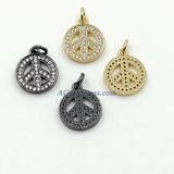 Gold CZ Pave Peace Sign Charms, Silver Round Dainty Inspirational Disc Tags #614, Love Tiny Charms 10 mm