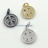 Gold CZ Pave Peace Sign Charms, Silver Round Dainty Inspirational Disc Tags #614, Love Tiny Charms 10 mm