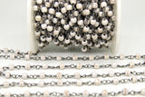 White Turquoise Black Chain, 4 mm White Cream Gold Wire Wrapped CH #361, Gold Wire Wrapped