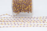 22k Gold Plated Amethyst Chain, Pyrite 4 mm Chains for Jewelry Making, Wire Wrapped Purple Beads Unfinished Chains
