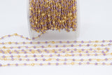 22k Gold Plated Amethyst Rosary Chain, Pyrite 4 mm Chains for Jewelry Making, Wire Wrapped Purple Beads Unfinished Chains