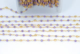 22k Gold Plated Amethyst Chain, Pyrite 4 mm Chains for Jewelry Making, Wire Wrapped Purple Beads Unfinished Chains