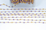 22k Gold Plated Amethyst Rosary Chain, Pyrite 4 mm Chains for Jewelry Making, Wire Wrapped Purple Beads Unfinished Chains