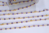 22k Gold Plated Amethyst Rosary Chain, Pyrite 4 mm Chains for Jewelry Making, Wire Wrapped Purple Beads Unfinished Chains