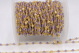 22k Gold Plated Amethyst Chain, Pyrite 4 mm Chains for Jewelry Making, Wire Wrapped Purple Beads Unfinished Chains
