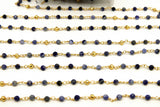 22k Gold Plated Sapphire Chain, Pyrite 4 mm Chains for Jewelry Making, Wire Wrapped Blue Beads Unfinished Chains