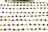 22k Gold Plated Sapphire Rosary Chain, Pyrite 4 mm Chains for Jewelry Making, Wire Wrapped Blue Beads Unfinished Chains