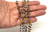 22k Gold Plated Sapphire Rosary Chain, Pyrite 4 mm Chains for Jewelry Making, Wire Wrapped Blue Beads Unfinished Chains