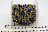 22k Gold Plated Sapphire Rosary Chain, Pyrite 4 mm Chains for Jewelry Making, Wire Wrapped Blue Beads Unfinished Chains