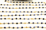 22k Gold Plated Sapphire Chain, Pyrite 4 mm Chains for Jewelry Making, Wire Wrapped Blue Beads Unfinished Chains