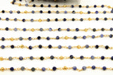 22k Gold Plated Sapphire Rosary Chain, Pyrite 4 mm Chains for Jewelry Making, Wire Wrapped Blue Beads Unfinished Chains