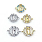 CZ Micro Gold Jesus Blessed Mother Mary Connectors, Silver Blue Turquoise #493, Round Disc Bracelet Jewelry