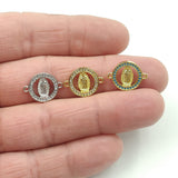 CZ Micro Gold Jesus Blessed Mother Mary Connectors, Silver Blue Turquoise #493, Round Disc Bracelet Jewelry