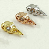 CZ Micro Pave Crow Raven Skull Head Bead, Bird Shaped Head with 5 mm CZ Eyes Charms 18 k Rose, Gold