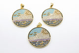 CZ Micro Pave Beach Scene Pendant, Gold Tropical Ocean Waves #802, Birds