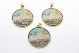 CZ Micro Pave Beach Scene Pendant, Gold Tropical Ocean Waves #802, Birds