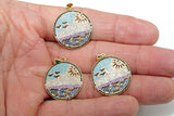 CZ Micro Pave Beach Scene Pendant, Gold Tropical Ocean Waves #802, Birds