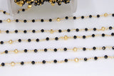22 k Gold Natural Black Spinel Rosary Chain, 4 mm Gold Pyrite Beaded Wire Wrapped Unfinished Chains by the Foot Diamond cut Gemstone Bulk