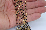 22 k Gold Natural Black Spinel Rosary Chain, 4 mm Gold Pyrite Beaded Wire Wrapped Unfinished Chains by the Foot Diamond cut Gemstone Bulk