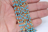 Blue Turquoise Rosary Beaded Chain, 4 mm Wire Wrapped Gold Pyrite Blue Howlite Chain for Necklace Chains, By the Foot