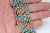 Blue Turquoise Rosary Beaded Chain, 4 mm Wire Wrapped Gold Pyrite Blue Howlite Chain for Necklace Chains, By the Foot