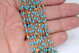 Blue Turquoise Rosary Beaded Chain, 4 mm Wire Wrapped Gold Pyrite Blue Howlite Chain for Necklace Chains, By the Foot