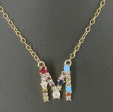 Rainbow Initial Necklace, Gold Filled Dainty Alphabet Necklace, Multi Colored CZ Crystals Turquoise Blue for Teens