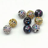 CZ Micro Pave Rainbow Balls, 2 Pcs 6 mm Gold Multi Colored Round Beads, 10 mm Black Silver Focal Bead