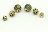 CZ Pave Emerald Green Round Balls, Gold Plated Crystal Disco Beads #469, 6 mm 8 mm 10 mm