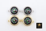 CZ Micro Pave Compass Connectors, Gold Charms for Bracelets # 932, Silver Direction His/Her Jewelry