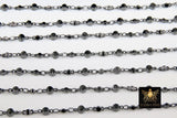 Black Beaded Rosary Chain, Religious Chain for Jewelry CH #226, Moroccan Metal Satellite Style