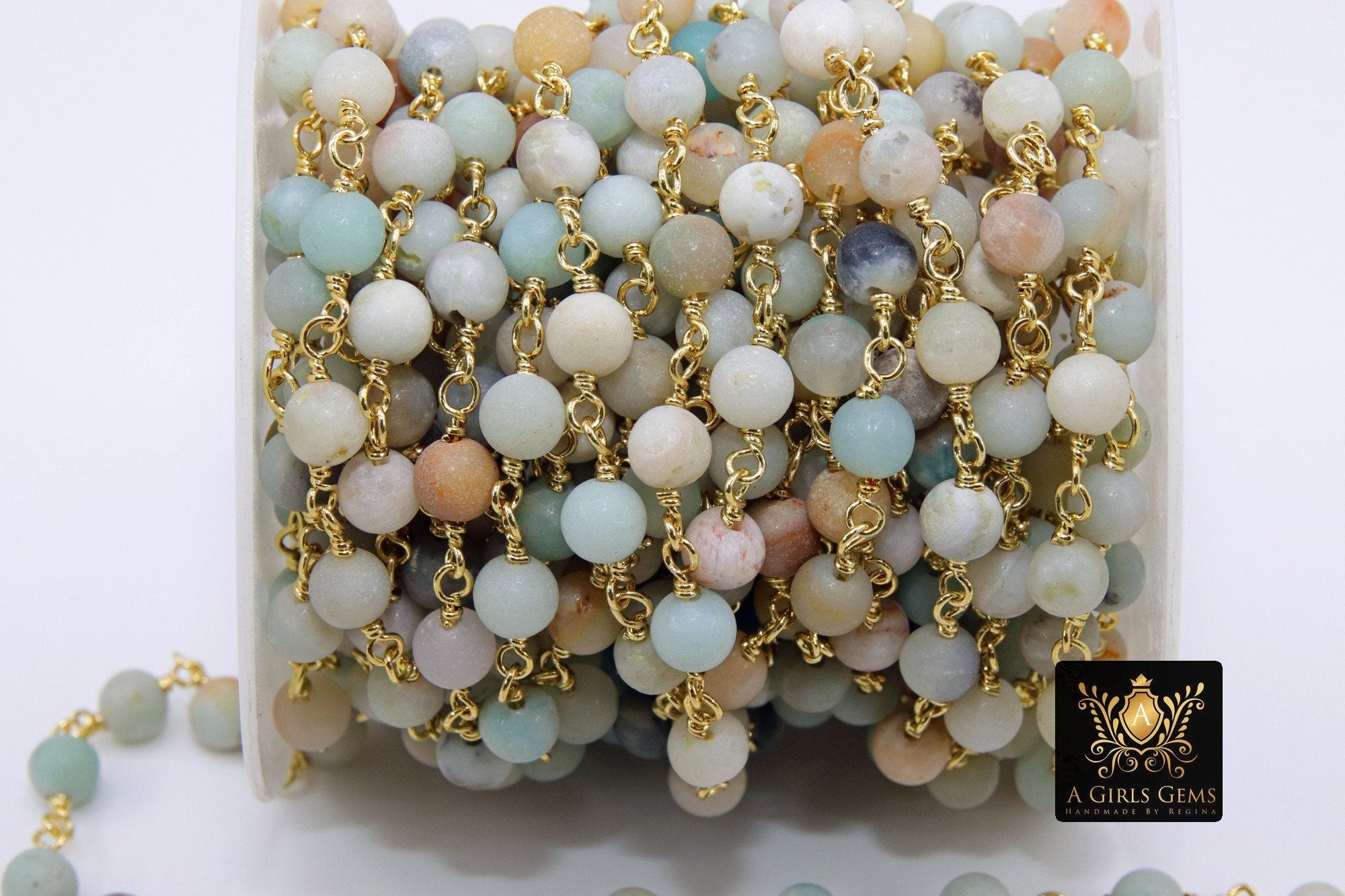 Amazonite Rosary Chain, 6 mm Gold Plated Wire Wrapped Chain CH #357, By The Foot