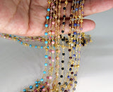 Natural Apatite Rosary Chain, 4 mm Gold Faceted Pyrite Beaded, Wire Wrapped Aqua Mint Blue by the Foot