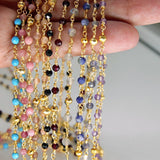 Aquamarine Rosary Chain, 4 mm Gold Faceted Pyrite Beaded, Wire Wrapped Aqua Blue by the Foot