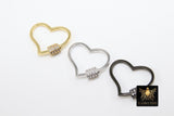 CZ Pave Carabiner Lock, Heart Screw Clasps, Silver