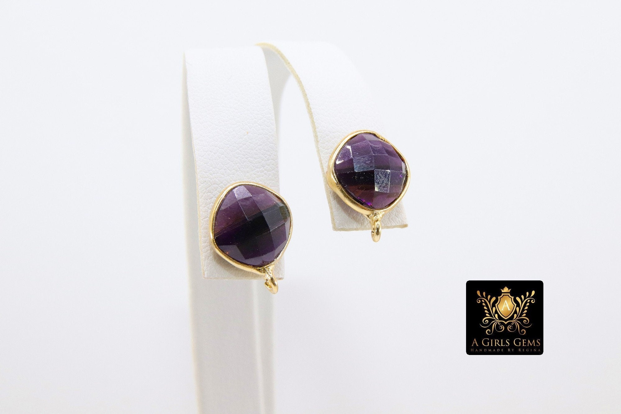 Gold Plated 925 Sterling Silver Stud Earrings with Loops, 12 x 15 mm Amethyst Square Diamond Gemstone Jewelry Findings