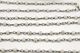 White Turquoise Rosary Black Chain, 4 mm White Cream Gold Wire Wrapped CH #361, Gold Wire Wrapped