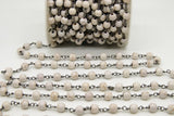 White Turquoise Black Chain, 4 mm White Cream Gold Wire Wrapped CH #361, Gold Wire Wrapped