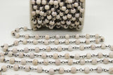 White Turquoise Rosary Black Chain, 4 mm White Cream Gold Wire Wrapped CH #361, Gold Wire Wrapped