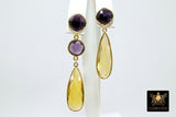 Amethyst and Citrine Earrings, Long Iolite Gemstone Dangle Studs,Gold, 925 Drop Earrings