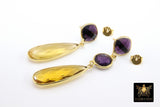 Amethyst and Citrine Earrings, Long Iolite Gemstone Dangle Studs,Gold, 925 Drop Earrings